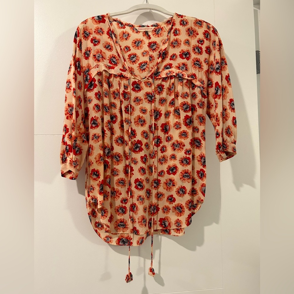 Rebecca Taylor Floral Print 3/4 Sleeve Silk Blouse Peach and Blue